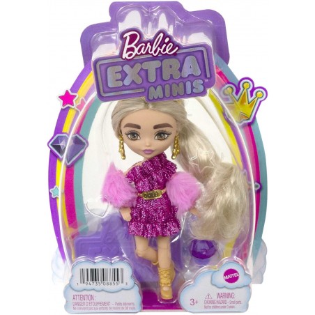 Barbie Poupée Extra Mini avec Robe à Paillettes et Mitaines en Fourrure